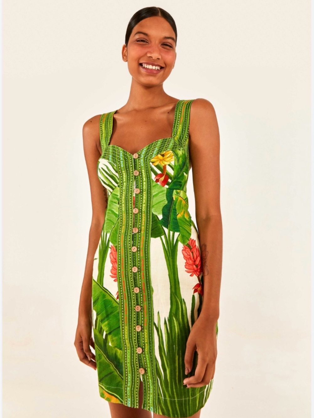 FARM Rio Green Tropical Button-Front Mini Dress
